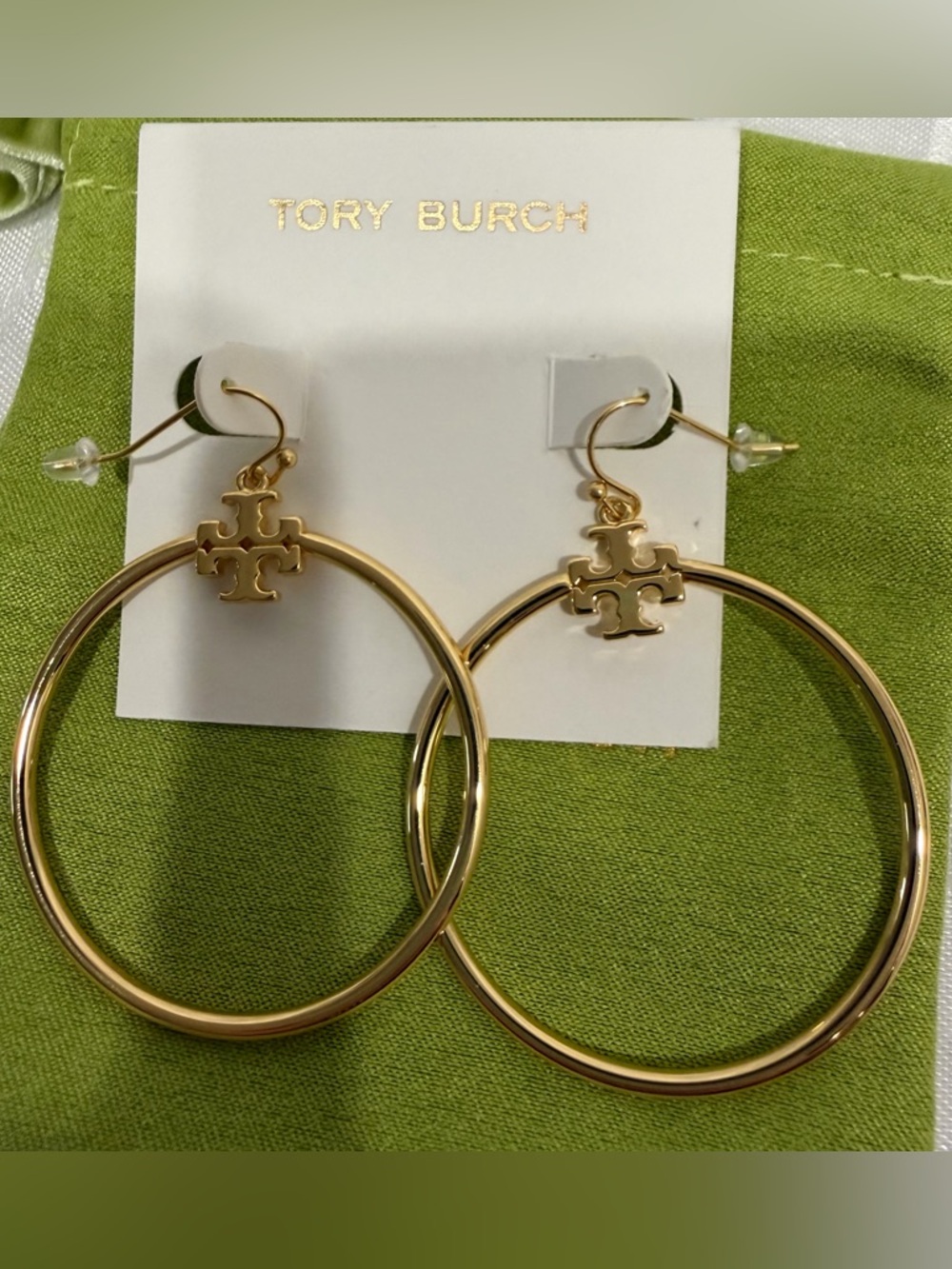 Tory Burch Gold Hoop Earrings with Logo Charm New